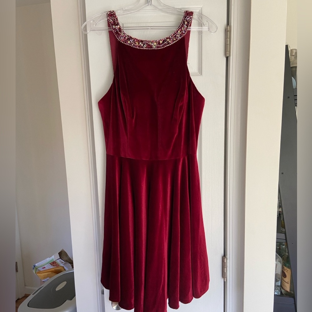 Beaded High Neck Velvet Skater Dress